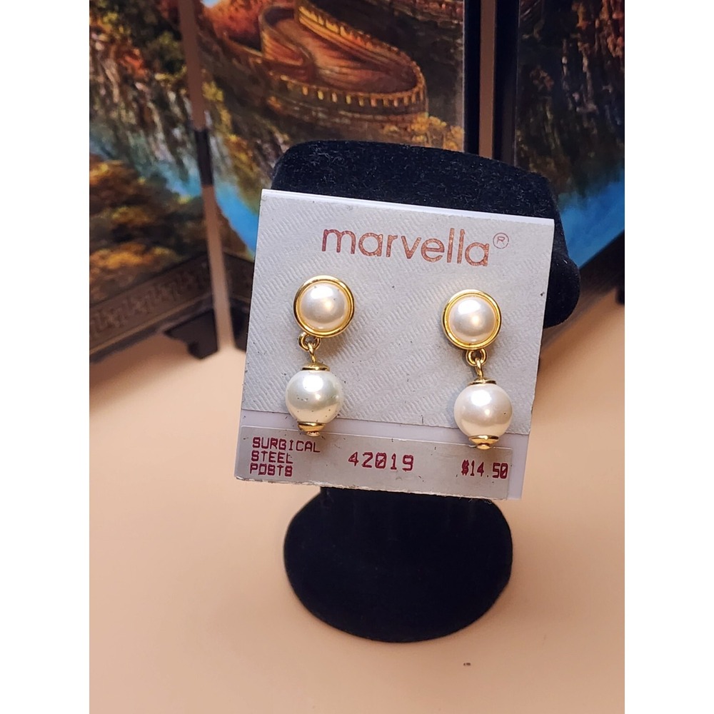 Vtg MARVELLA Signed Faux Pearl Earrings‎ Gold Tone Drop Dangle FREE SHIPPING!!!